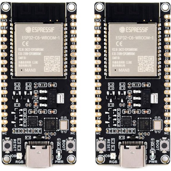 2PCS ESP32-C6 Microcontroller, WiFi 6 Development Board, 160MHz Single-Core Processor, ESP32-C6-WROOM-1-N8 Module, Supports USB and UART Development
