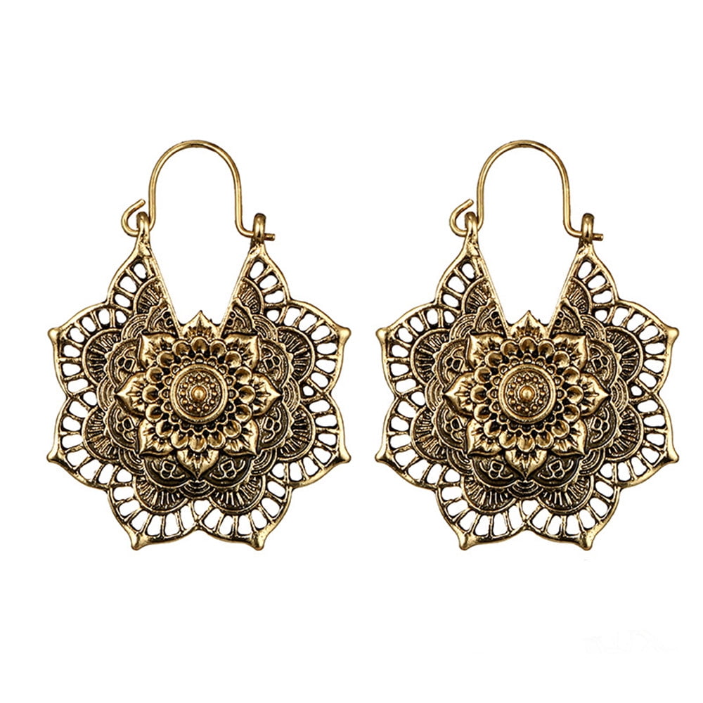 2PCS Earrings Antique Silver Gypsy Indian Tribal Ethnic Hoop Dangle