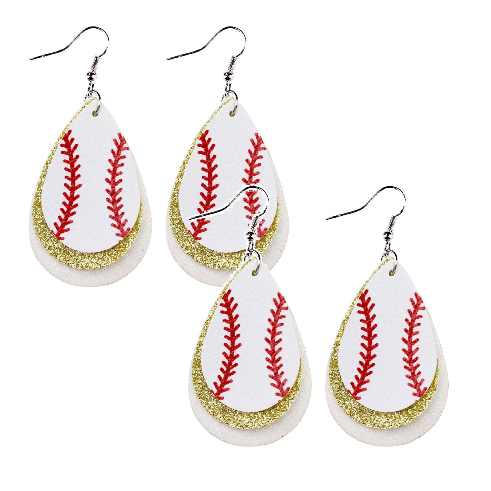 2PCS Earrings White Leather Baseball Theme Earrings Sparkling Pink