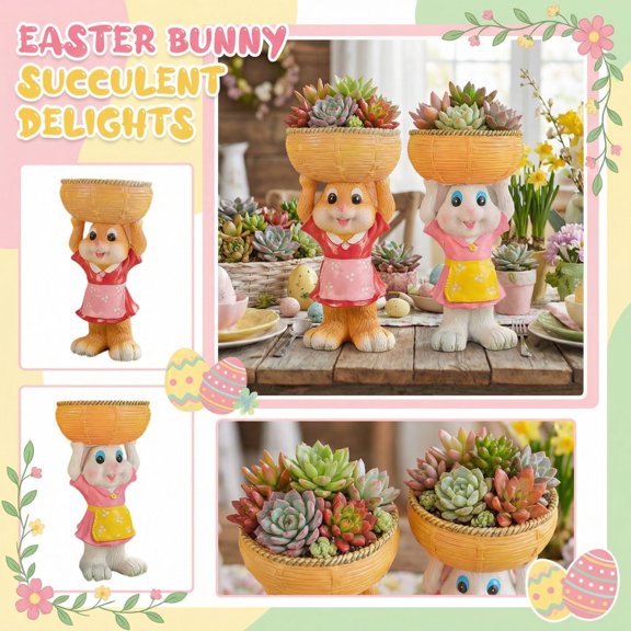 2PCS Easter 5.91in Bunny Planter Resin Flower Pot Decorations for Garden Lawn Tabletop Spring Home Easter Decorations