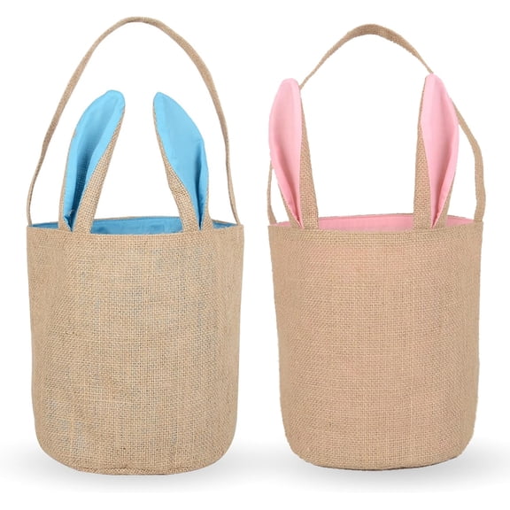 2PCS Easter Bunny Basket Burlap Buckets,Bunny Jute Easter Baskets Bags,Pop Burlap Easter Bunny Ear Bag For Kids Boys Girls Easter Egg Hunt Baskets