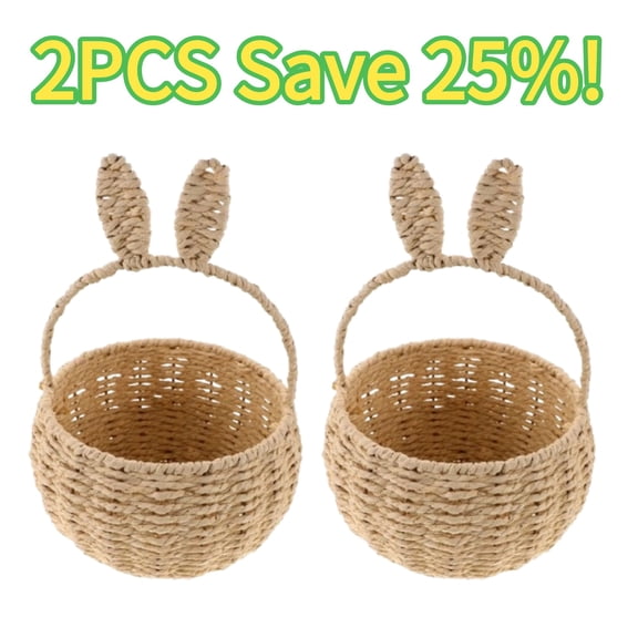 2PCS Easter Bunny Basket with Rabbit Ears Easter Egg Basket with Handle Woven Empty Hunt Container for Gifts Stuffer Candy Toy Storage Party Supplies