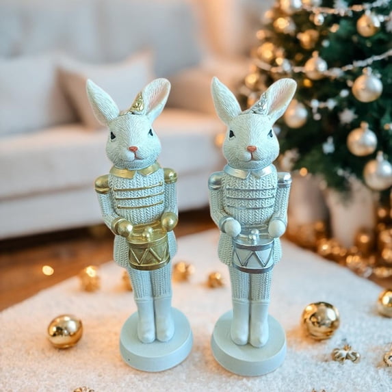 2PCS Easter Bunny Nutcracker, 7'' Hand-Painted Resin Rabbit Figurine Ornament with a Scepter, Cute Rabbit Collectible Statue Easter Gift, Spring Holiday Party Decor for Home and Office