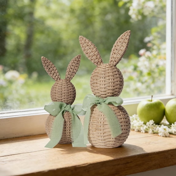 2PCS Easter Bunny Resin Decorations, Rattan-Look Realistic Bunny Rabbit Figurines for Home Tabletop Spring Decor Vintage Table Ornaments - Green