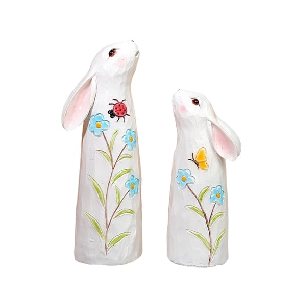 2PCS Easter Bunny Resin Figurine Set, Hand-Carved Nordic Style Rabbit Statues, Indoor Outdoor Home and Garden Decor, Farmhouse Tabletop Accent, Spring Seasonal Decoration (White)