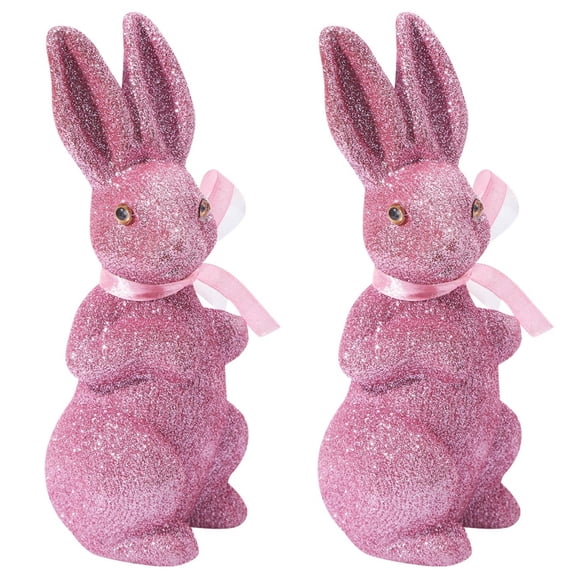 2PCS Easter Decoration Sparkling Foam Bunny Figurine with Bow tie 8.6" Glitter Rabbit Tabletop Ornament for Easter Centerpieces Spring Home Office Table Decor