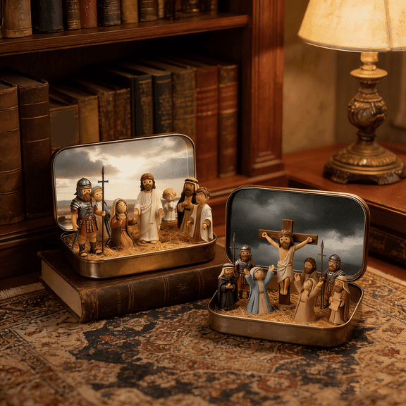 2PCS Easter Decorations Crucifixion and Resurrection Scene Tin Box Set for Christian Tabletop Display, Religious Easter Decor for Home Prayer Space