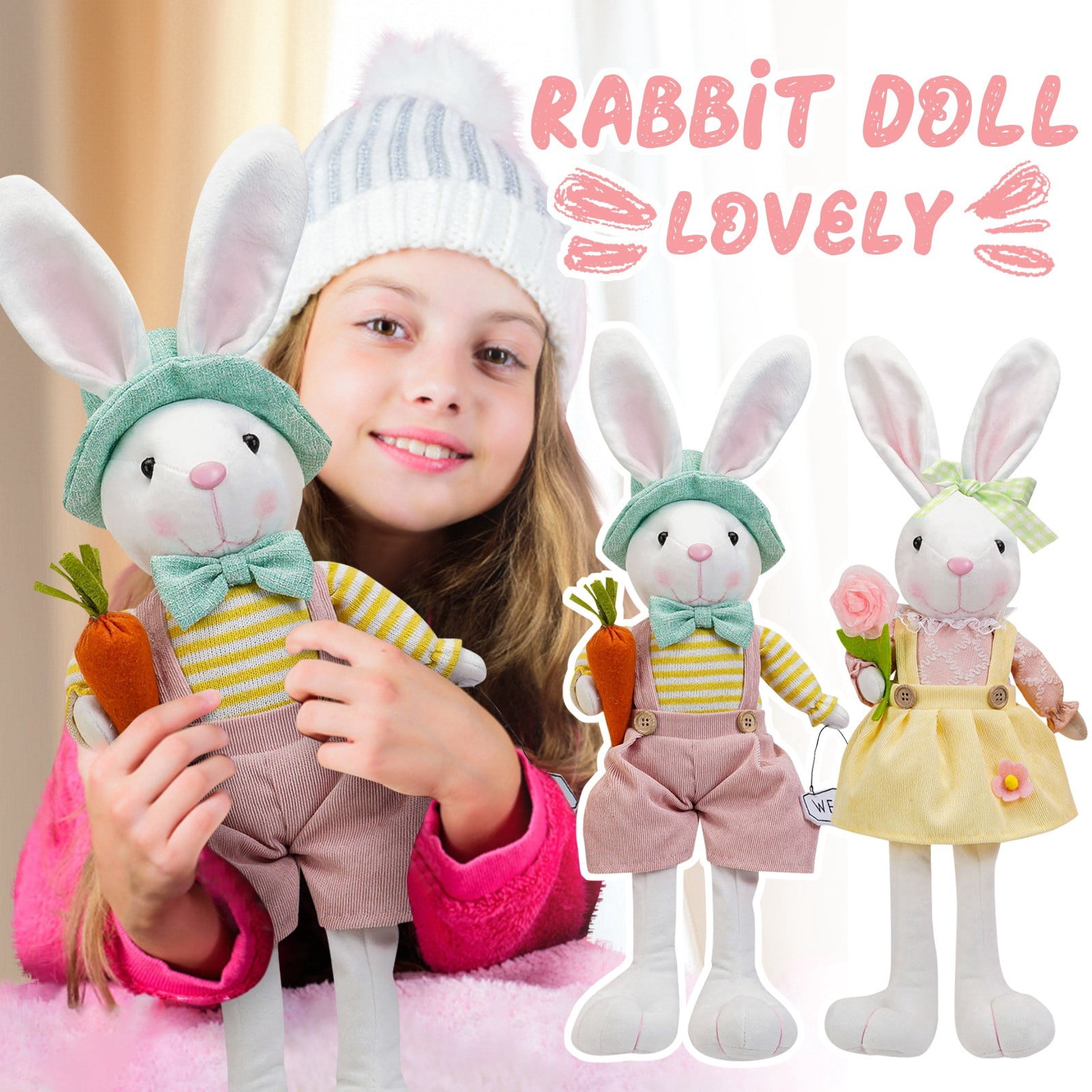 2PCS Easter Decorations Plush Bunny Dolls 15.7in and 17.3in for Easter Party Decor and Easter Basket Stuffers, Soft PP Cotton Easter Decor Rabbit Figures for Kids Easter Pascua Home Display