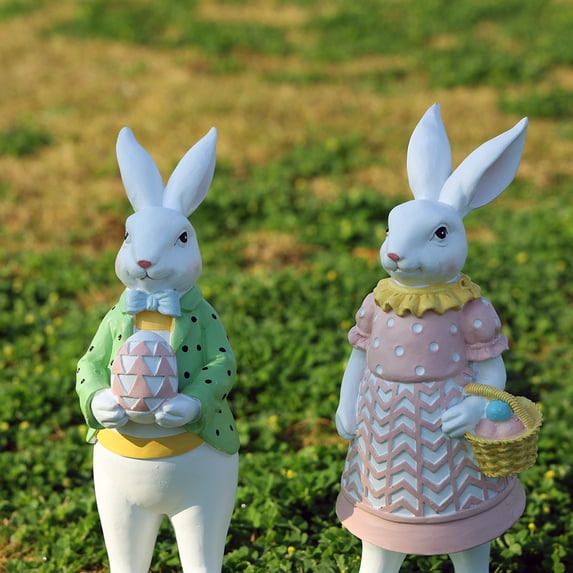2PCS Easter Decorative Bunny Garden Statues, Pink and Green Spring Outdoor Decor with Easter Eggs (Handheld Blue Pink White Rabbit)