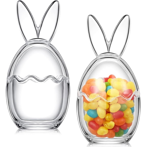 2 Pcs Easter Glass Candy Jar, Bunny Ears Storage Egg Jars, Clear Decorative Food Container for Easter Party Treats, Pantry Organization, Table Decoration
