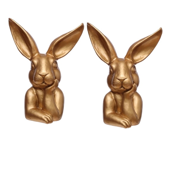 2PCS Easter Gold bunny figurines, Easter Thinking bunny figurines and statues decor, Cute Rabbit Statue for Spring Living Room Shelf Mantel Decorations