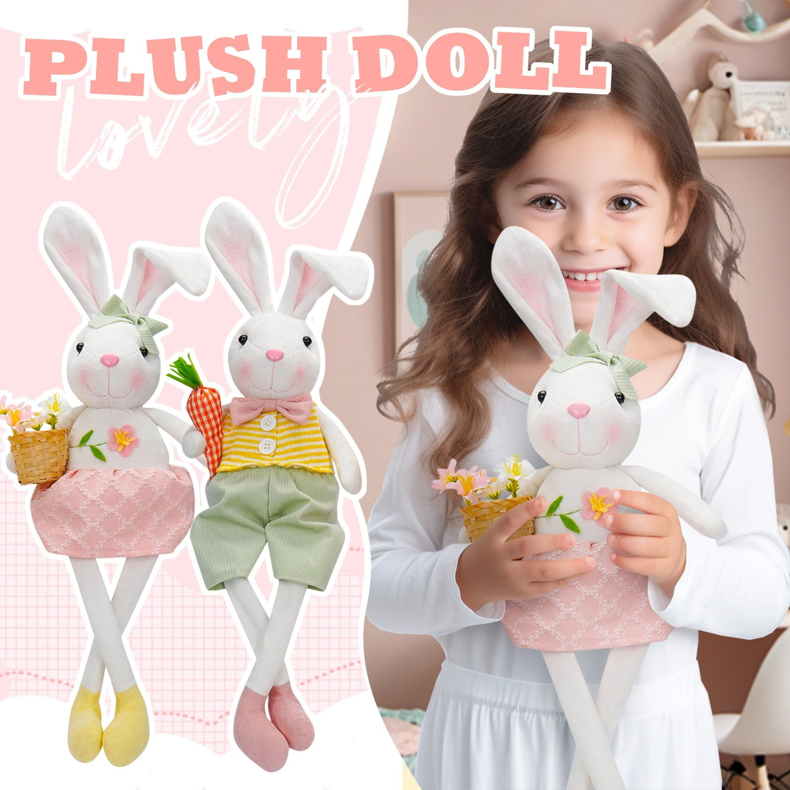 2PCS Easter Plush Bunny Dolls 17.3in with Carrot & Flower Basket, Soft PP Cotton Easter Rabbit Decorations for Party, Home Display & Kids Easter Basket Stuffers