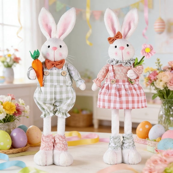 2PCS Easter Standing Bunny with Stretchable Legs, 16.6" to 21.6" Plush Rabbits Couple Figurine, Cute Party Favor Photo Props Gifts for Office Kitchen Farmhouse Front Door Spring Home Decor