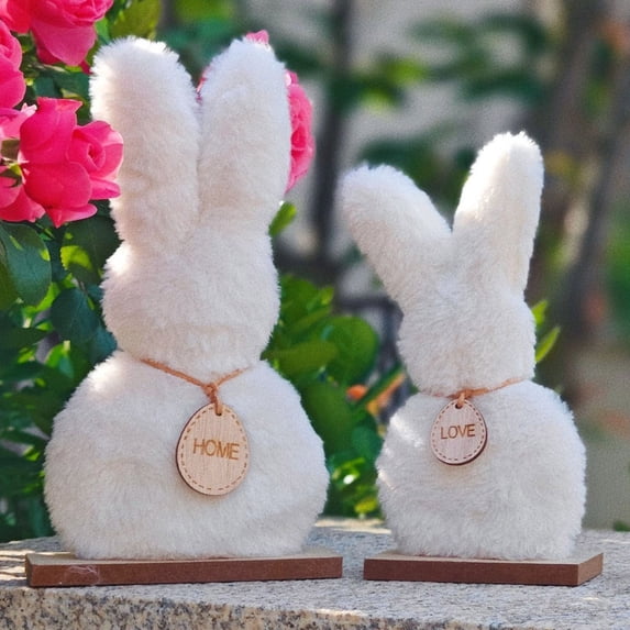 2PCS Easter White Bunny Decorations 7/9inch Plush Bunnies Standing on The Wooden Block Fluffy Rabbit Figurines with Wood Sign for Farmhouse