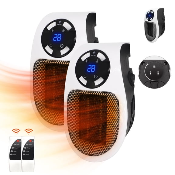 2PCS Ecowarm Plug-in Electric Space Heater, 500W, Wall Outlet Mounted with Adjustable Thermostat, Timer, LED Display for Office, Bathroom, Bedroom, Indoor Use