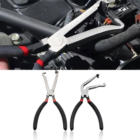 2PCS Electrical Disconnect Pliers for Cars Set 60 Degree Straight Automotive Electrical Connector Plier Tool Kit for Removal Fuel Line Petrol Clip Pipe Tools Locking Push Tab Style Plugs Red Black