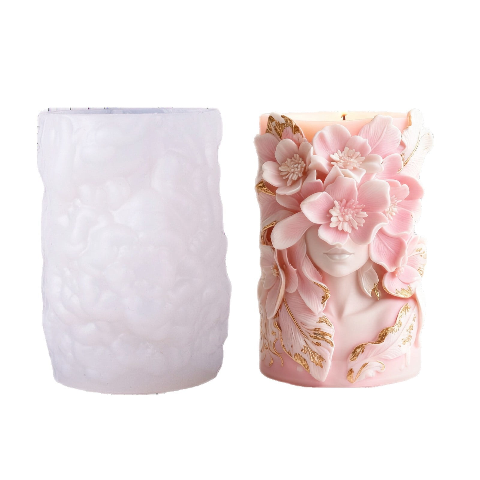 2PCS Elegant Female Face Floral Cylinder Candle Mold Girl Flower Pillar Silicone Candle Molds for Candles Making Resin Casting Aromatherapy Candles Handmade Wax Home Decor Holiday New Year gifts