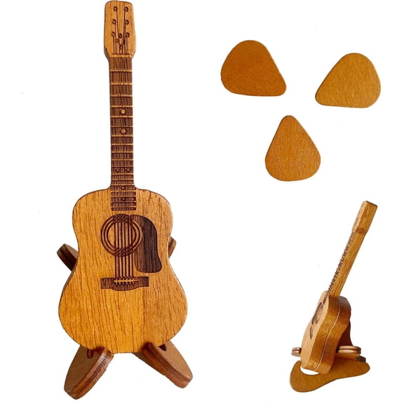 2PCS Engraved Wooden Guitar Pick Box with Stand Desktop Ornament, 4.72x1.77in Multi-Purpose Small Storage Case, 3 Unique Picks Included, Self-Use & Gift for Guitar Ukulele Bass Lovers-yj