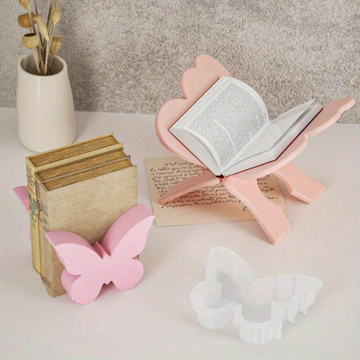 2PCS Epoxy Resin Butterfly Bookends Book Holder Mold, Silicone Casting Mold for Home Decor, DIY Handmade Jewelry Crafts Crafts Tools, Floral Preserved Keepsake Bookends Book Holder Kit