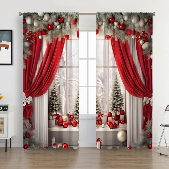2PCS European Christmas Curtains with Christmas Balls and Tree Printing, Beautiful Soft Drapes for Home Holiday Decorations 65.35x59.05Inch Multicolor