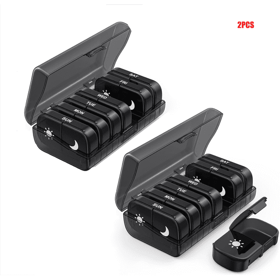 2PCS Extra Large Weekly Pill Organizer 2 Times a Day, One-Side Open Pill Box 7 Day for Easy Filling, Black Privacy Protection AM PM Pill Case for Vitamins, Medication, Supplements, Fish Oils Black