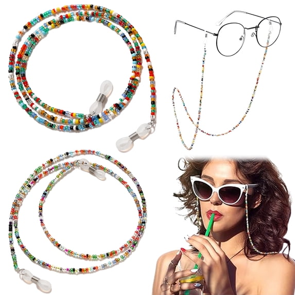 2PCS Eyeglasses Chain, Eyeglass Chains Holders Beaded Glasses, Cord Anti-slip Glasses for Women Glasses Cord Lanyard , Sports (Green, Pink