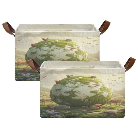2PCS Fabric Storage Baskets with Iron Frame Foldable Storage Bins with Handles for Shelves Giant Egg with Green Moss M