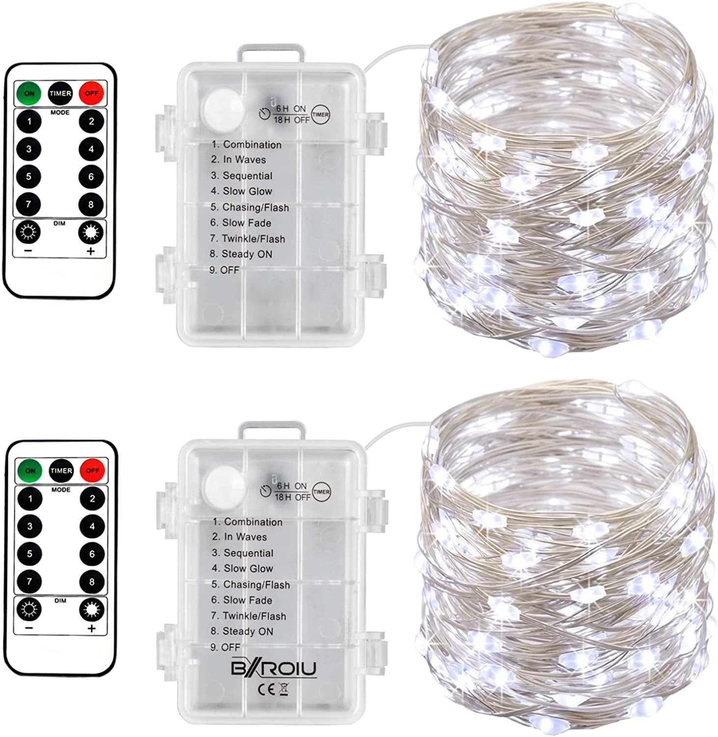 2PCS Fairy Lights Indoor Outdoor Battery Operated, Silver Wire 8 Mode ...