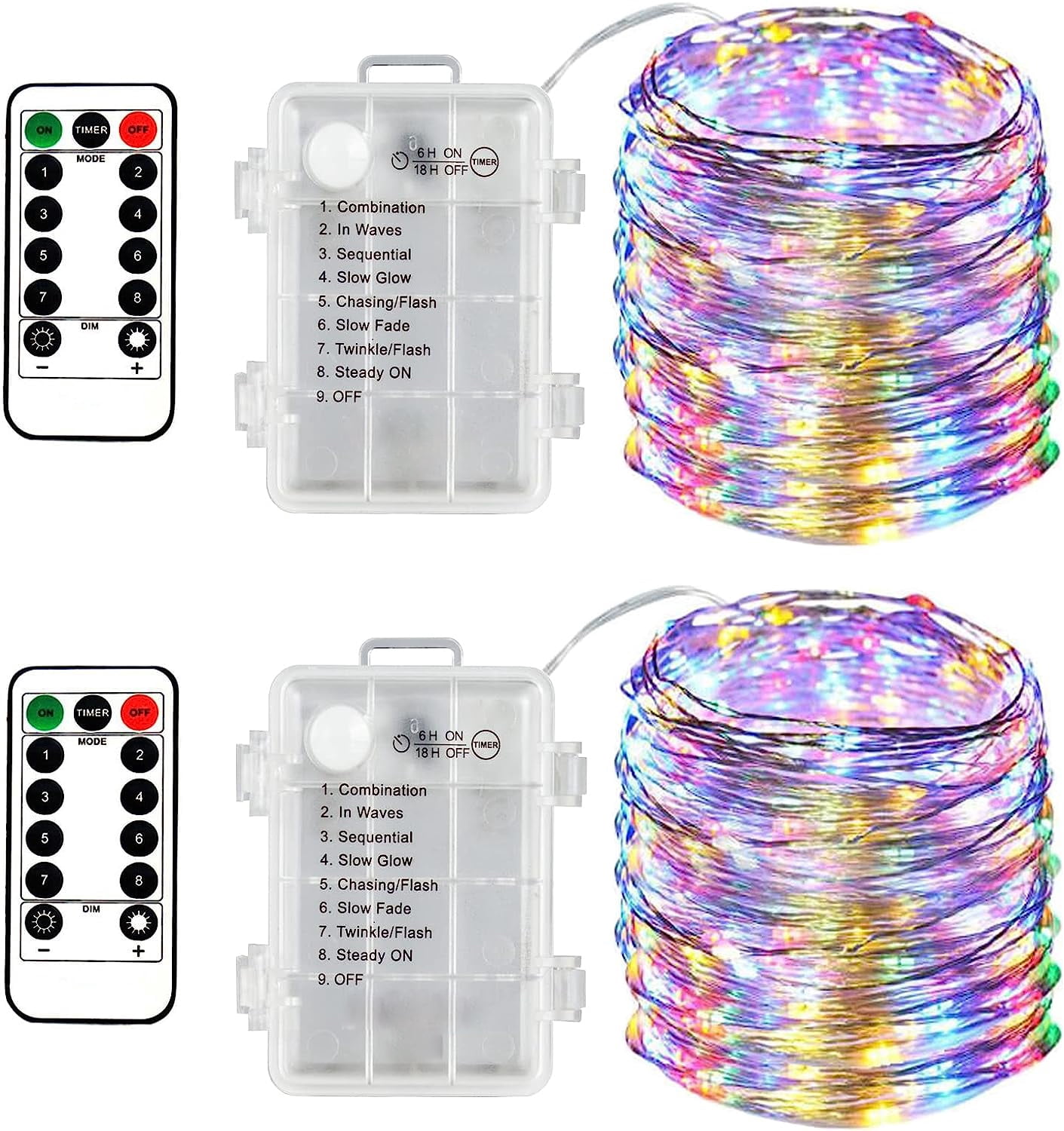 2PCS Fairy Lights Indoor Outdoor Battery Operated, Silver Wire 8 Mode ...