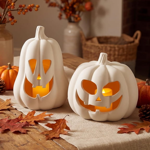 2PCS Fall Decor Halloween Decorations Terracotta Pumpkin Decoration Handmade Clay Pumpkin Jack-o-Lantern Halloween Tealight Holder Rustic Farmhouse Fall Home Decor for Table
