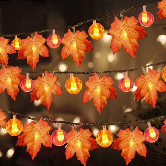 2PCS Fall Garland with Pumpkin Lights & Enlarged Maple Fall String Lights Halloween Pumpkins Lights, Battery Operated Fall Decorations Home Indoor Outdoor Thanksgiving Decor