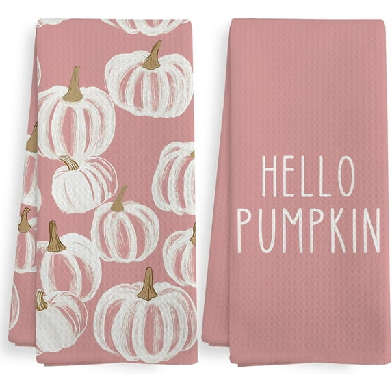 2PCS Fall Hello Pumpkin Farmhouse Kitchen Towels and Dishcloths Sage Green Fall Pumpkin Decor Dish Hand Tea Towels for Bathroom Kitchen, Autumn Aesthetic Neutral Fall Decor, 16x24 Inch