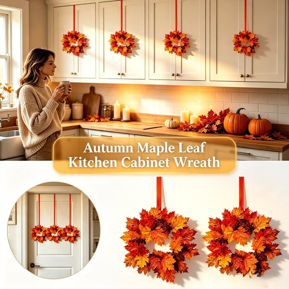 2PCS Fall Maple Leaves Hanging Wreath, Mini Fall Wreaths for Kitchen Cabinets, Thanksgiving Maple Leaves Farmhouse Door Mantle Wall Hanging, Thanksgiving Candle Ring Table Decoration