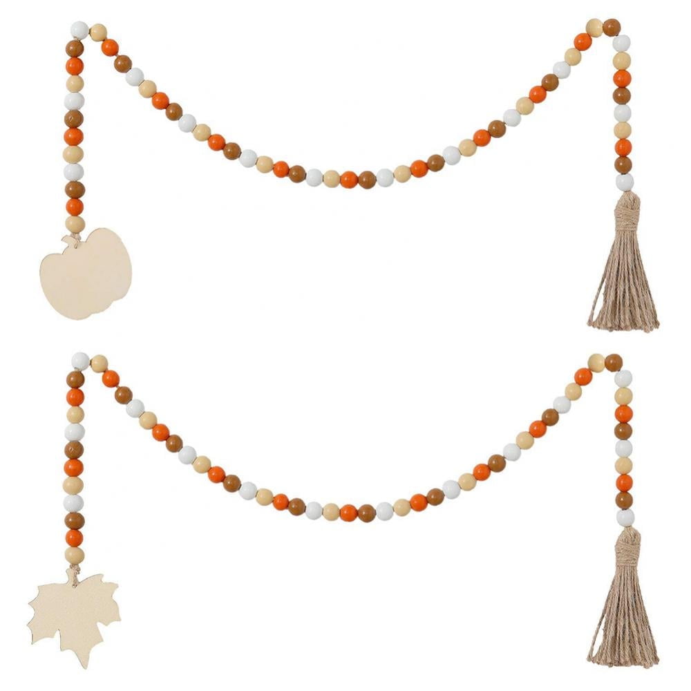 2PCS Fall Wood Bead Tassel Pumpkin And Maple Leaves 39 Inch Garland
