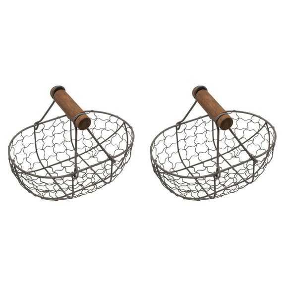 2PCS Farmhouse Chicken Wire Basket with Wooden Handle - Vintage Rustic Egg & Fruit Storage Container - Country Style Gathering Basket for Kitchen, Pantry & Home Decor