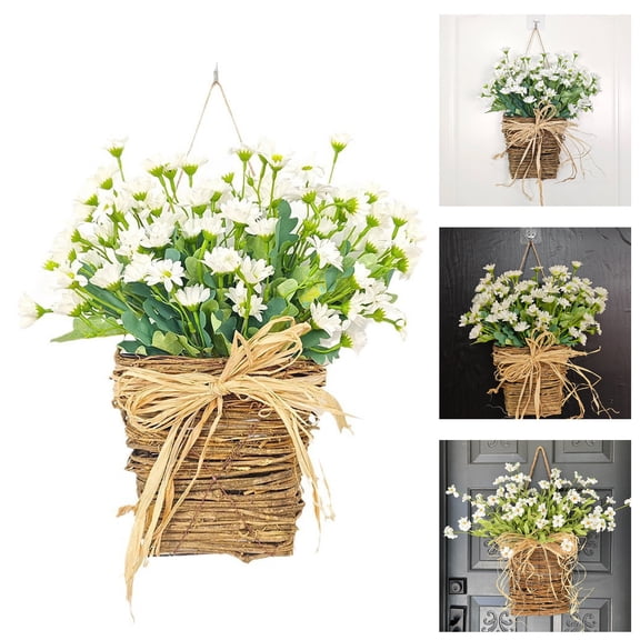 2PCS Farmhouse Wreath,Cream Hydrangea Door Hanger Basket with Rattan Design and Wildflowers,Artificial Floral Front Door Wreath for Porch Wall Window Decor,Wedding Holiday Home Decoration Year-Round