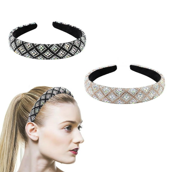2PCS Fashion Rhinestone Headbands Glitter Plaid Elastic Headbands for Women Girl