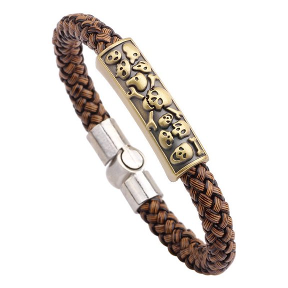 2PCS Fashion Skull Pattern Woven Leather Bracelet Men's Retro Punk Clasp Bracelet Festival Gift Jewelry