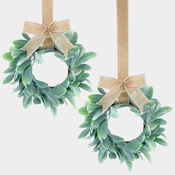 2PCS Faux Kitchen Cabinet Wreaths Eucalyptus Wreaths with Ribbon Artificial Green Leaves Wreaths Decorative Hanging Wreaths for Cabinet Wall Window Front Door Decors