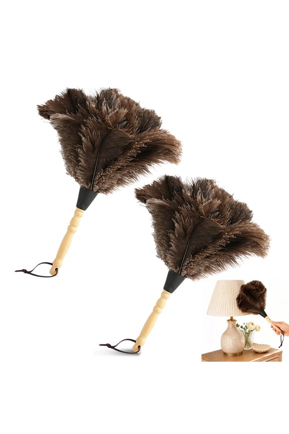 2PCS Feather Duster 13 Inch Fluffy Natural with Wood Handle Reusable Washable for Cleaning Keyboard,Home,Car,Office Feather Duster