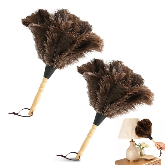 2PCS Feather Duster 13 Inch Fluffy Natural with Wood Handle Reusable Washable for Cleaning Keyboard,Home,Car,Office Feather Duster