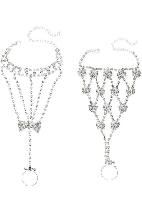 2PCS Finger Rings Bracelet for Women Sparkly Finger Bracelet with Ring Lightweight DIY