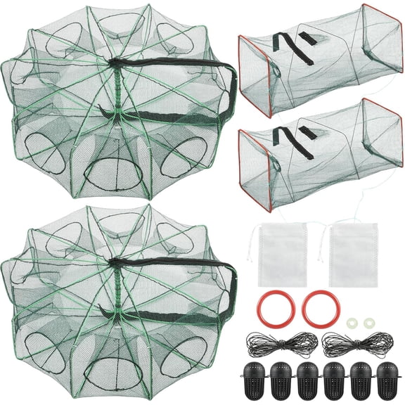 2PCS Fishing Bait Trap Crab Net 10 Holes and 2 PCS Square Crab Crawfish Trap Fishing Trap for Minnow Crawfish Shrimp Crawdad with Rope Large Fishing Net for Bait Fish