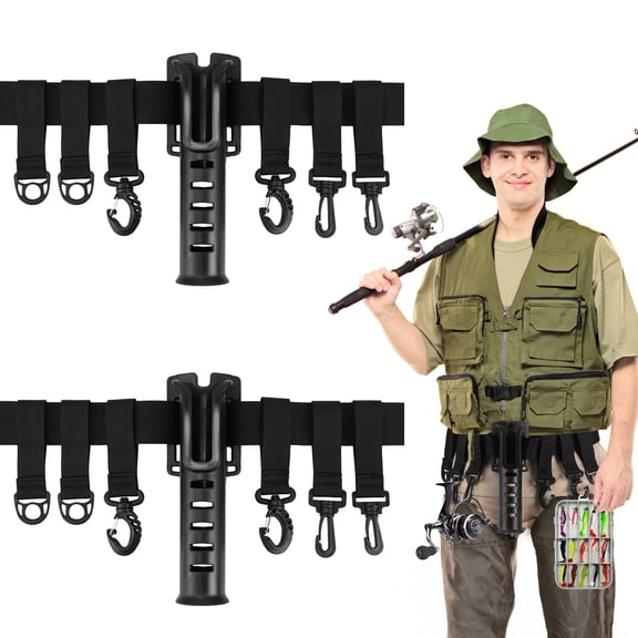 2PCS Fishing Rod Holder Belts, Adjustable Fishing Rod Holsters, Waist Wading Belts for Men, Includes 6 Moveable Hooks and 1 Portable Pole Inserter, Fly Fishing Gear for Casting Spinning