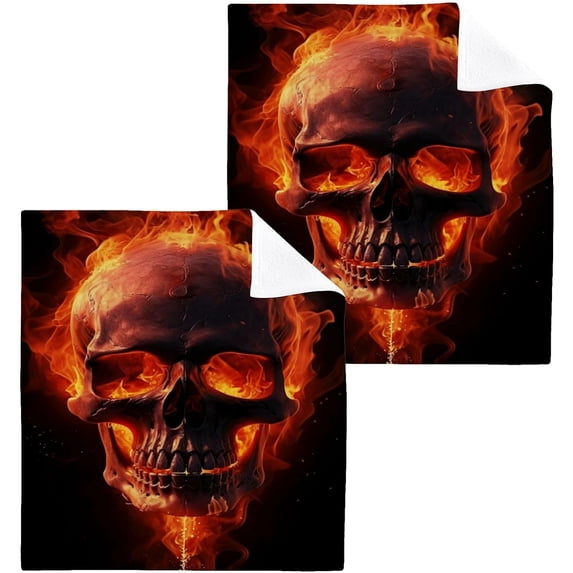 2PCS Flame Skull Towels Cotton Washcloths Set,Quick Drying & Absorbent Soft Bathroom Hand Towel Lightweight & Portable Fingertip Towel Decor Gift