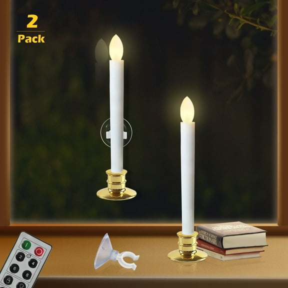 2PCS Flameless Taper Candles Flickering with Remote & Timer & Suction Cups,Warm White 3D Flame Candle for Home, Xmas Decor