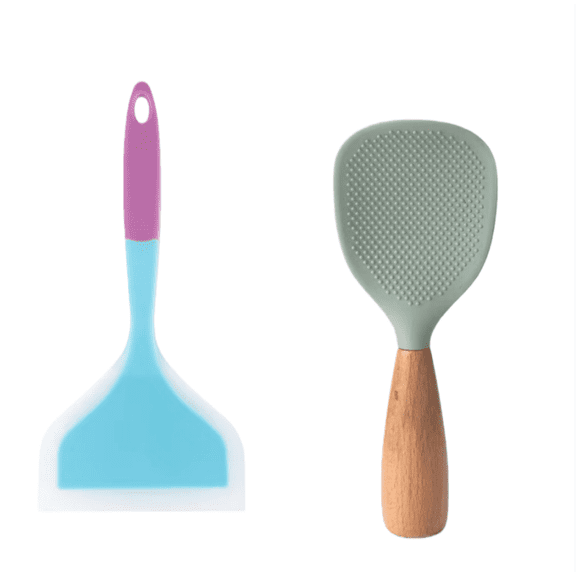 2PCS Flexible Silicone Kitchen Turner & Serving Spoon, Non-Scratch Utensils for Eggs, Crepes & Rice
