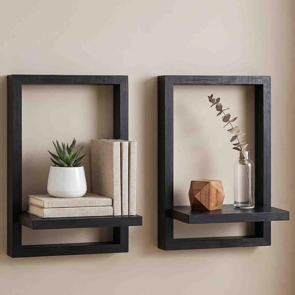 2PCS Floating Shelves for Wall, Decorative Wall Shelves Black, Plants Shelf Framed, Square Wall Decor, Art Sconces Artificial Vases Hanging Storage Shelf for Bathroom Living Room Modern Elegant