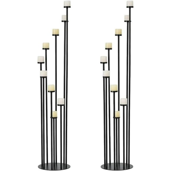 2PCS Tall Candle Holders for Pillar Candlesblack Candelabra, Black 9 Arm Floor Candelabra Centerpiece for Taper Pillar Candles Metal Floral Centerpieces Stand  Wedding Party Event Decor