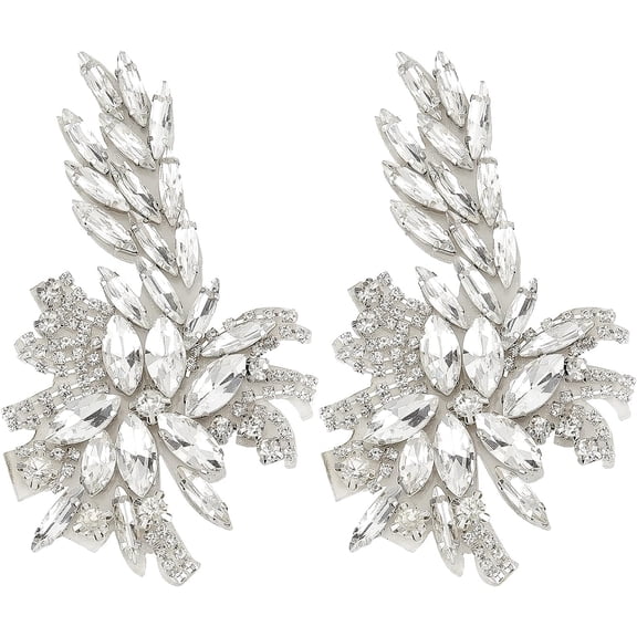 2PCS Flower Applique Patch (Platinum 3.9x2.2 inch) Flower Leaf Glass Rhinestones Applique Sew on Patch Wedding Bridal Belt Applique DIY Embellishments for Costumes Shoes for diy